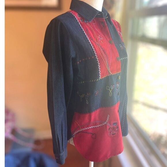 VTG Napa Valley Petites Womens Patchwork Denim Button Down Shirt Top SMALL Jean - Picture 5 of 16